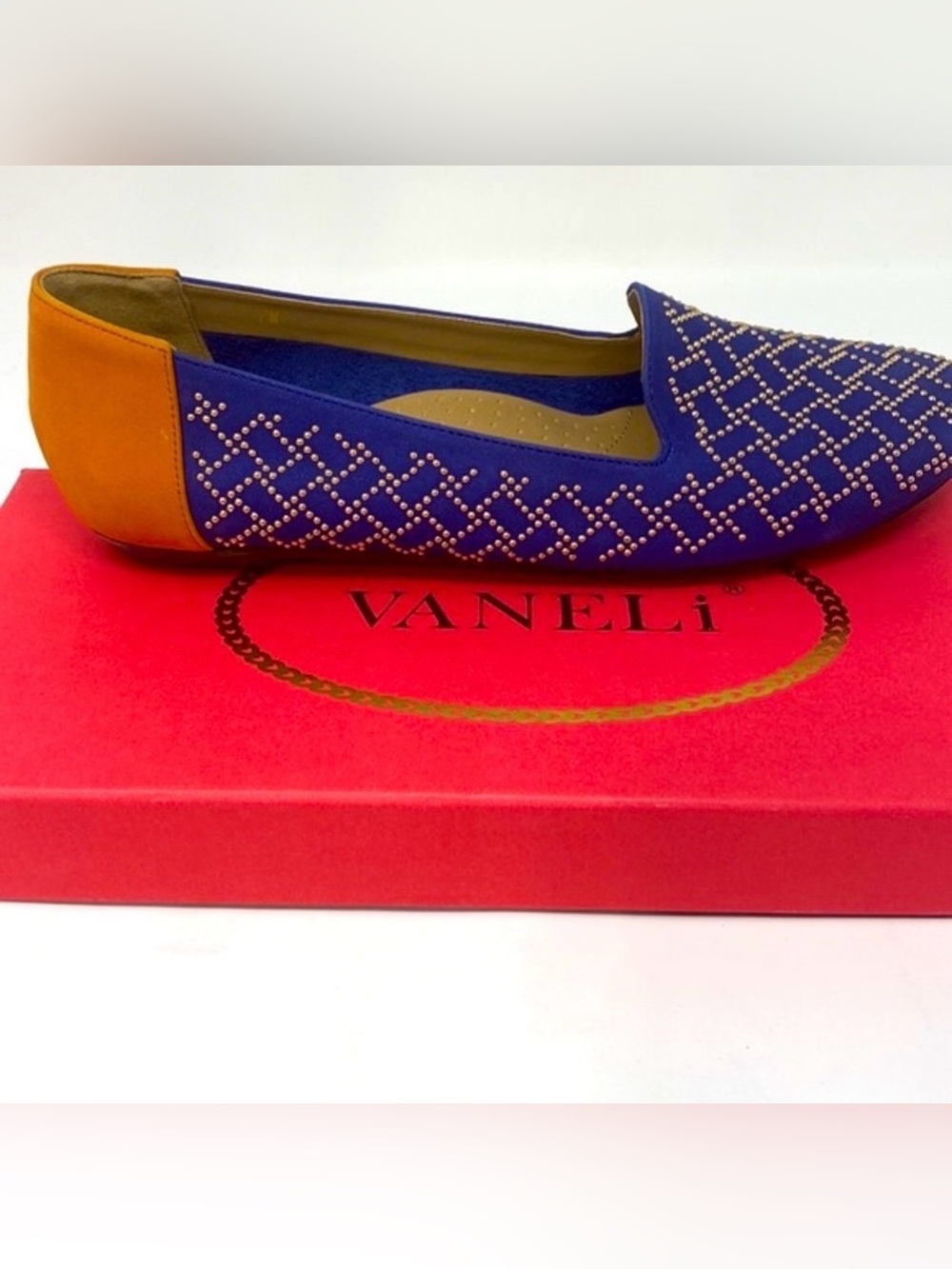 VANELI Women's Slip On Flats Blue Orange Color Block Suede Gold Studs 7M NWOT